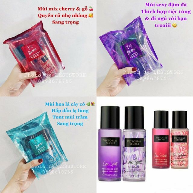 Set Xịt thơm Victoria Secret 2 Chai Không Nhũ Và Có Nhũ-Trúc Cosmetics