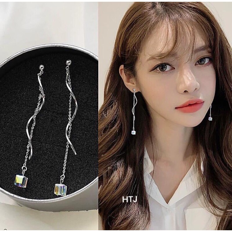 BÔNG TAI BẠC MẶT ĐÁ PHA LÊ VUÔNG DÁNG DÀI