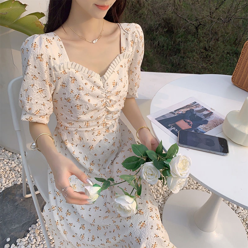 Đầm Hoa Tay Phồng Ngắn Cổ Vuông Dáng Dài Ôm Eo Kiểu Pháp Xinh Xắn Cho Nữ