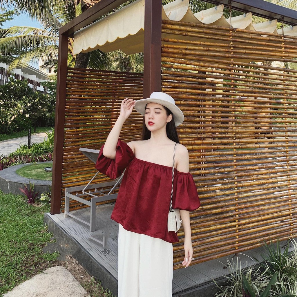 Áo trễ vai tay bồng nữ áo kiểu bánh bèo tay phồng LD018