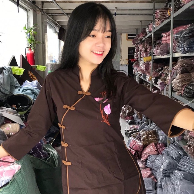 Áo lam đi chùa _ đồ đi chùa cho nữ cổ tàu xéo