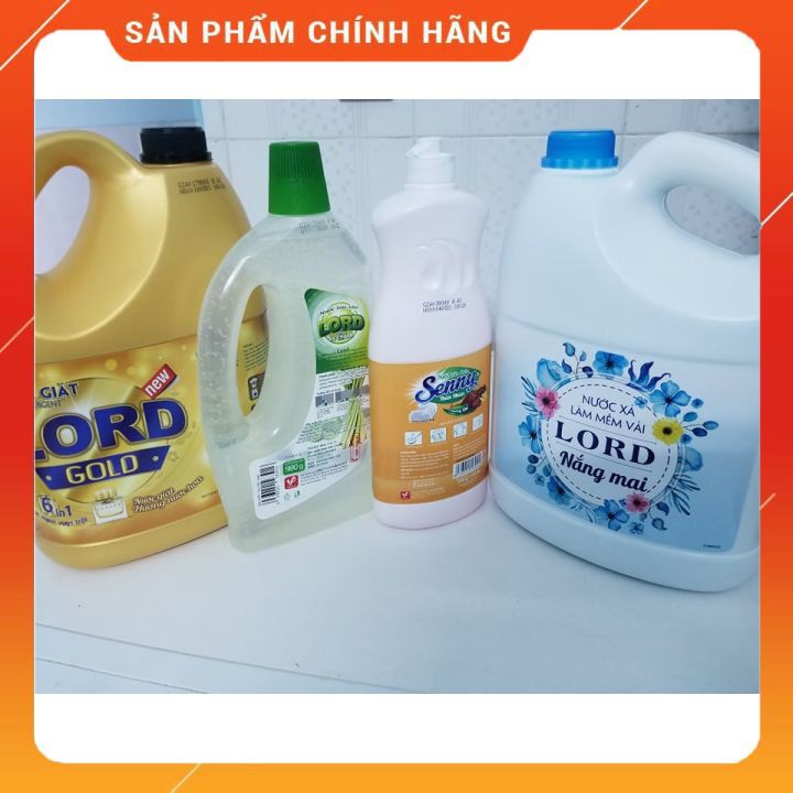 Nước giặt 3.5 kg Lord gold, nước xả vải 3.0 kg hương ban/ đắm say +Lau sàn sả chanh 980g +Rửa chén hương quế 750g