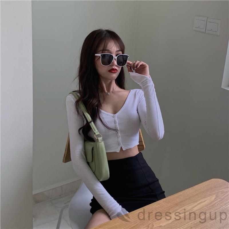  Áo dài tay nữ cổ V phối nút cài | BigBuy360 - bigbuy360.vn