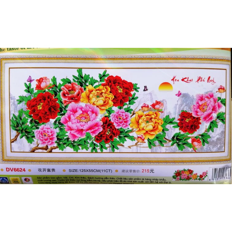 Tranh thêu chữ thập Hoa mẫu đơn Hoa khai phú quý DV6624