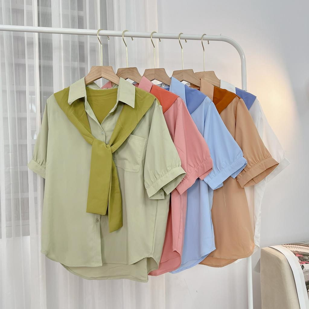 Áo Sơ Mi Nữ Màu Kèm Khăn Choàng Hàn Quốc Xinh Xắn Ngắn Tay, Sơ Mi Cột Nơ Tay Ngắn Phồng Freesize SUBICI