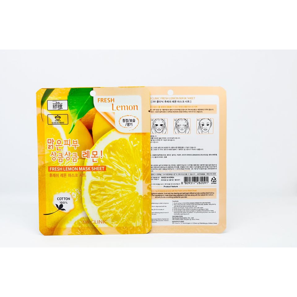 (CHUẨN HÀN CÓ BILL ) Mặt nạ dưỡng trắng sáng da chiết xuất chanh tươi 3W Clinic Fresh Lemon Mask Sheet chính hãng