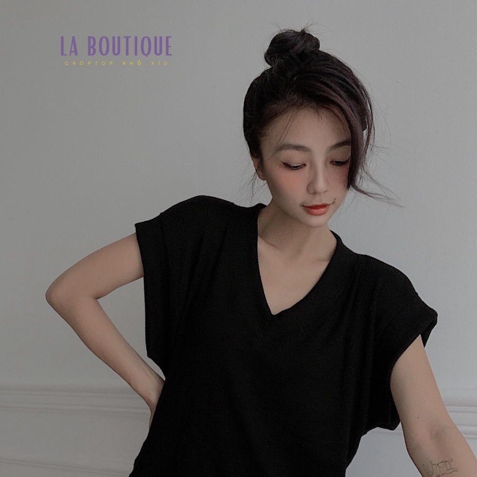 Áo gile form rộng cổ tim La Boutique len gân ấm áp | LA BOUTIQUE 2 LA18