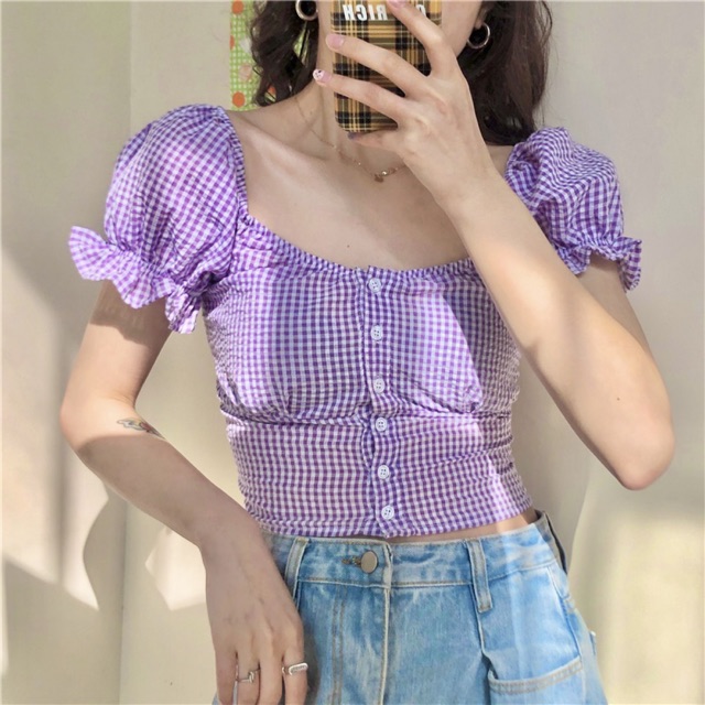 Áo caro croptop cổ chun korean