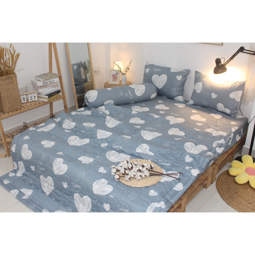 Bộ drap gối Cotton TL  - Tim Nền Xám - chất vải  COTTON loại 1 dầy dặn, mềm mại, mát mẻ.