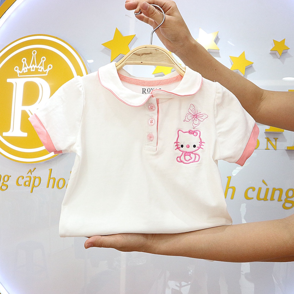 Áo bé gái, áo thun bé gái vải cotton 4 chiều cổ lá sen thêu hình mèo kitty cho Bé Gái 8-27kg- Royal KIDS