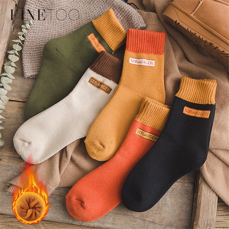FINETOO Vớ Dày Màu Trơn In Chữ Thời Trang Mùa Đông Ấm Áp Cho Nam Và Nữ