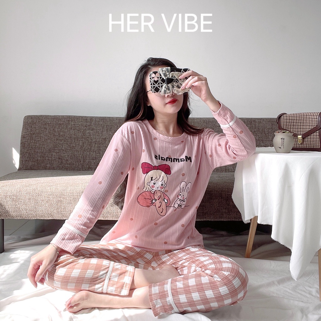 Bộ mặc nhà quần dài bộ đồ ngủ nữ pijama chất cotton sọc siêu thấm hút quần dài áo dài tay hình dễ thương Her Vibe