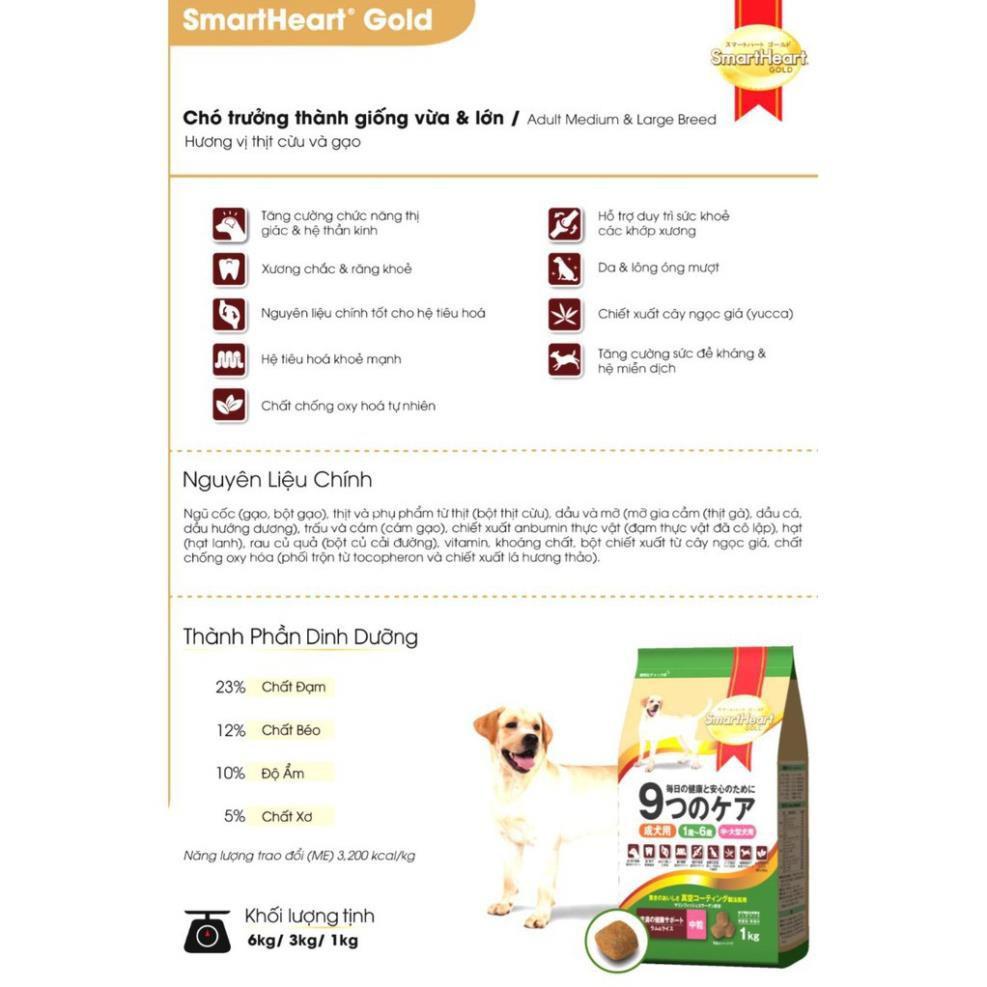 Thúc ăn Chó Smartheart Gold Dành cho Chó trưởng thành giống chó Vừa & Lớn Hương vị Cừu & Gạo 3kg- CHÍNH HÃNG