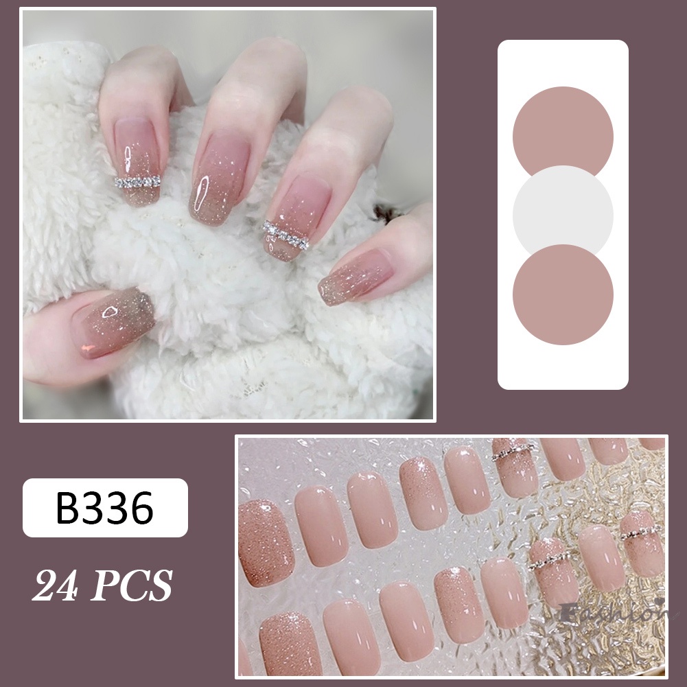 Bộ 24 Móng Tay Giả Đính Kim Cương Giả Màu Hồng Lấp Lánh Dễ Xé Không Rơi Tiện Dụng Cho Nữ