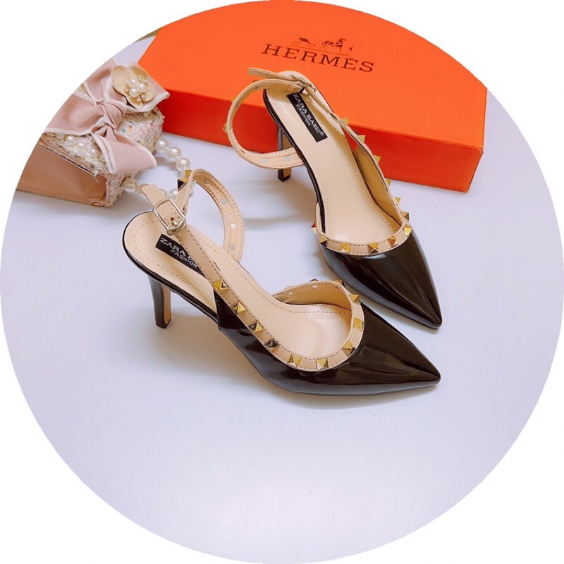 Giày cao gót nữ mũi nhọn Viền đinh da bóng gót nhọn 8p Valen chảnh hết nấc