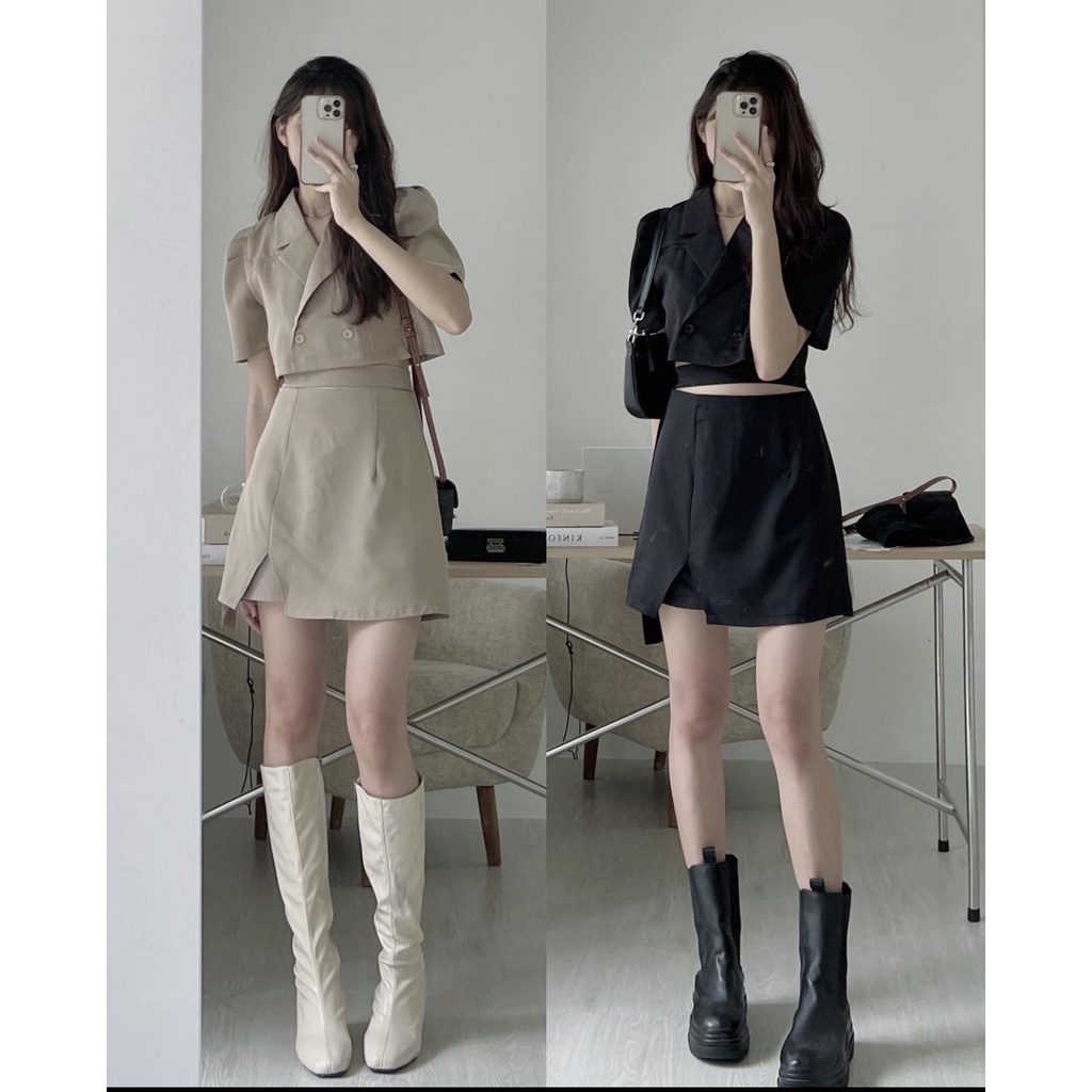 Set áo vest croptop kèm chân váy chất kaki Quảng Châu 2022