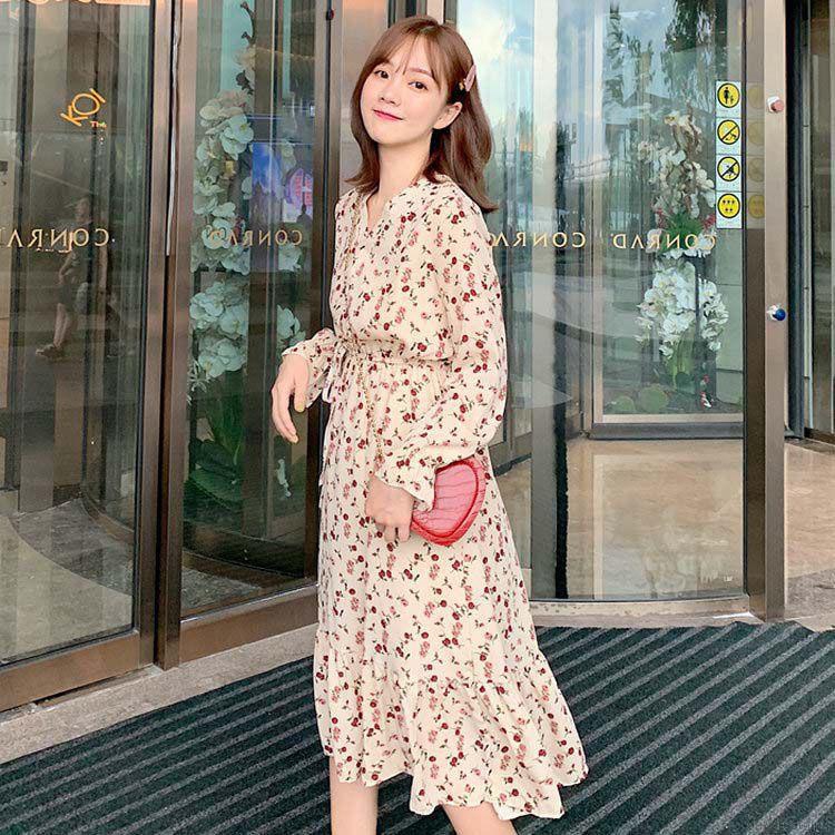 Đầm Nữ Dài Tay Cổ Chữ V In Hoa Thời Trang Hàn