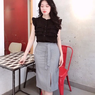 Chân váy bút chì kẻ sọc thắt nơ, chất vải tây có lót