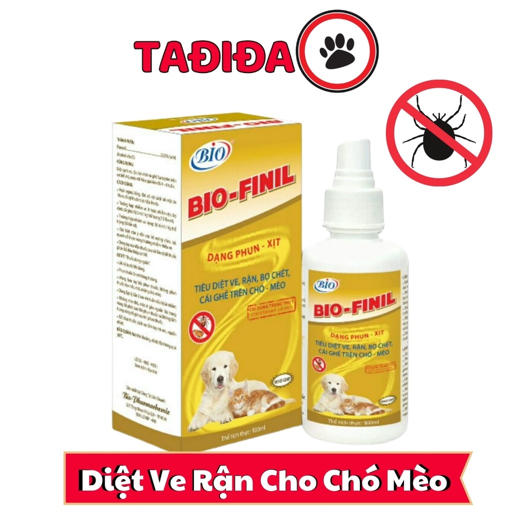 [Mã 44FMCGSALE1 giảm 10% đơn 250K] Chai xịt ngoài da cho Chó Mèo trị ghẻ, ve rận , bọ chét Bio Finil – Tadida Pet