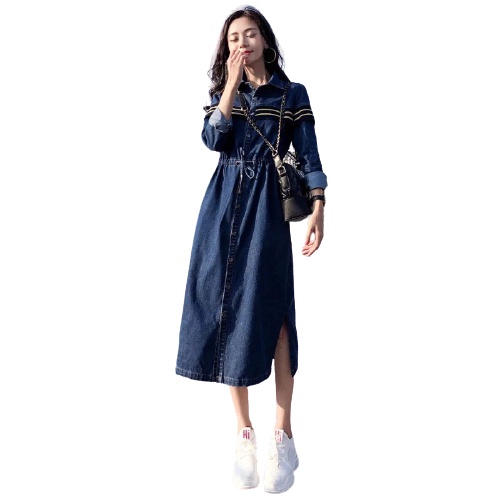 Đầm jean xòe eo rút phối viền làm khoác rất phong cách size M L