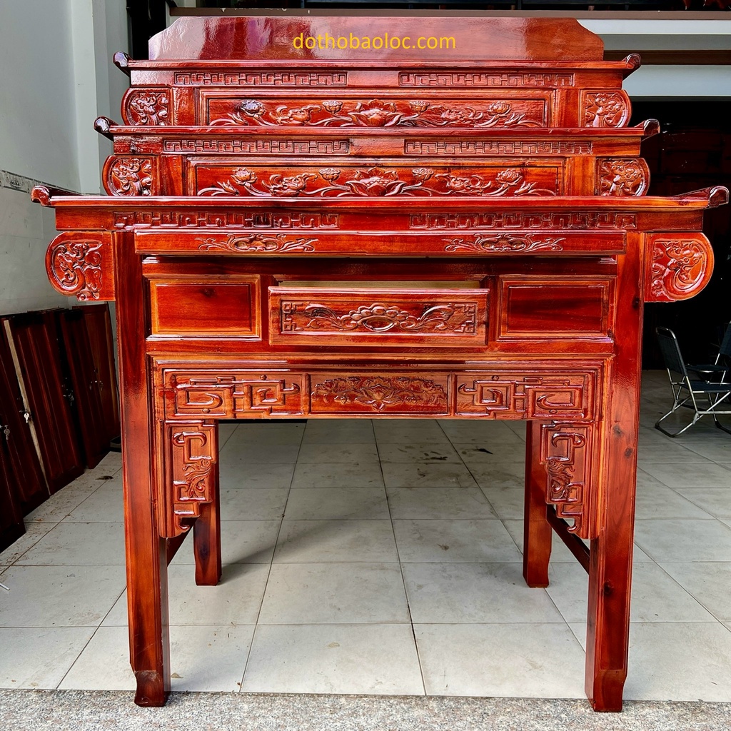 Bàn thờ gia tiên gỗ tràm bông vàng 3 tầng