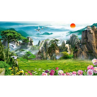 Tranh dán tường 3D phong cảnh - vải lụa kim tuyến