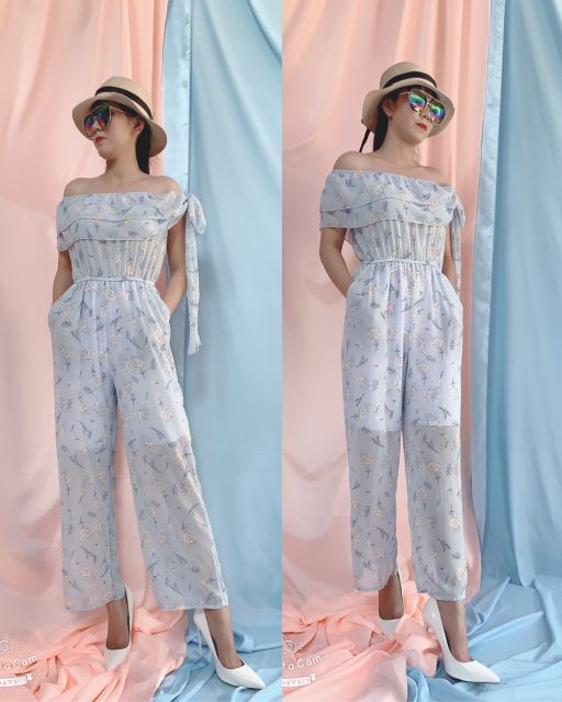 JUMPSUIT BẸT VAI DÀI NHÚNG EO - ĐỒ BAY TRỄ VAI DÀI ỐNG RỘNG PHỐI BÈO DỄ THƯƠNG NGỌT NGÀO CHO NỮ