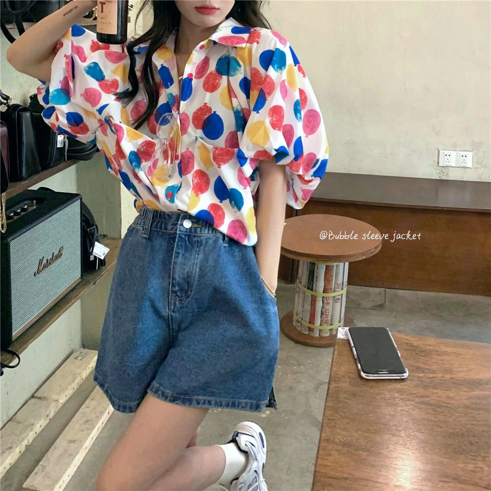 Áo Sơ Mi Tay Ngắn Phồng Họa Tiết Hoa Thời Trang Mùa Hè Phong Cách Pháp Mới Cho Nữ