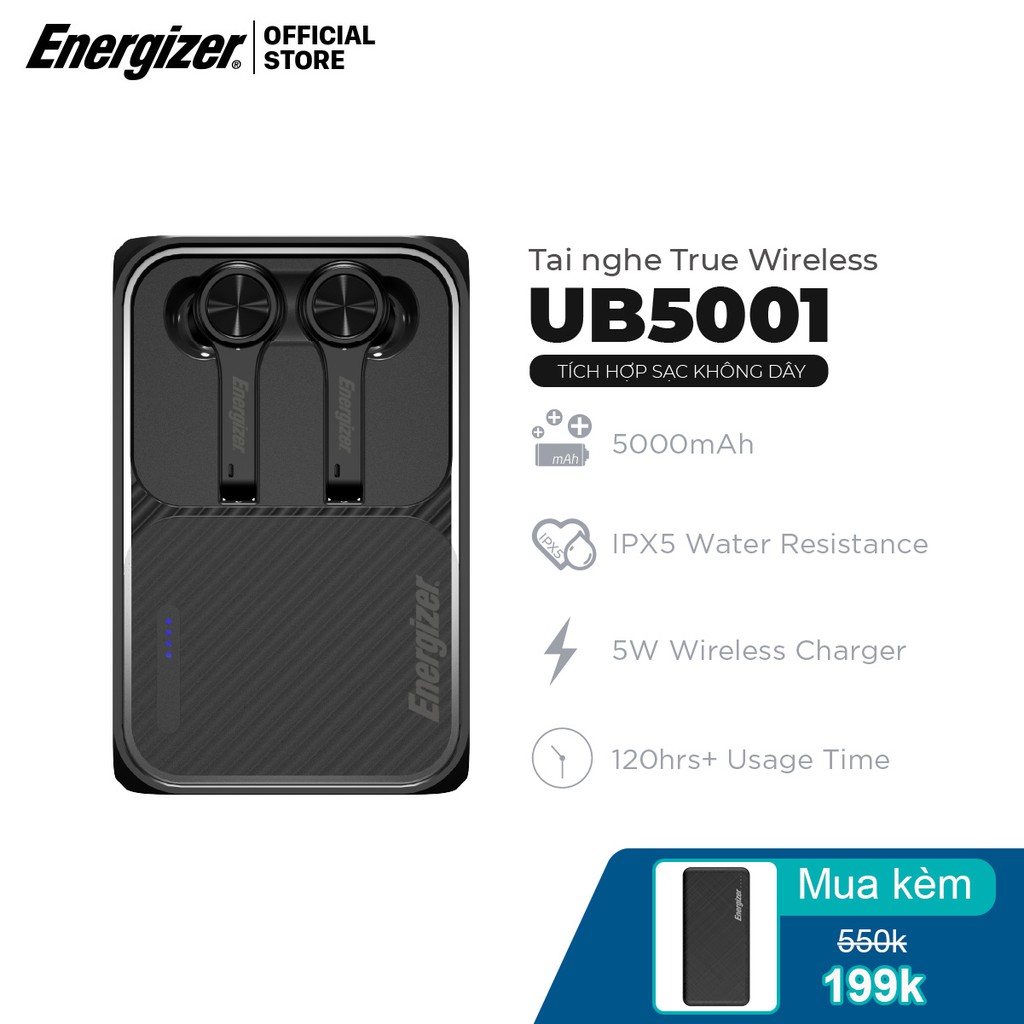 Tai nghe True Wireless Stereo Energizer UB5001, sạc dự phòng 5000mAh, bluetooth V5.0, kháng nước IPX5 - Hàng Chính Hãng | BigBuy360 - bigbuy360.vn