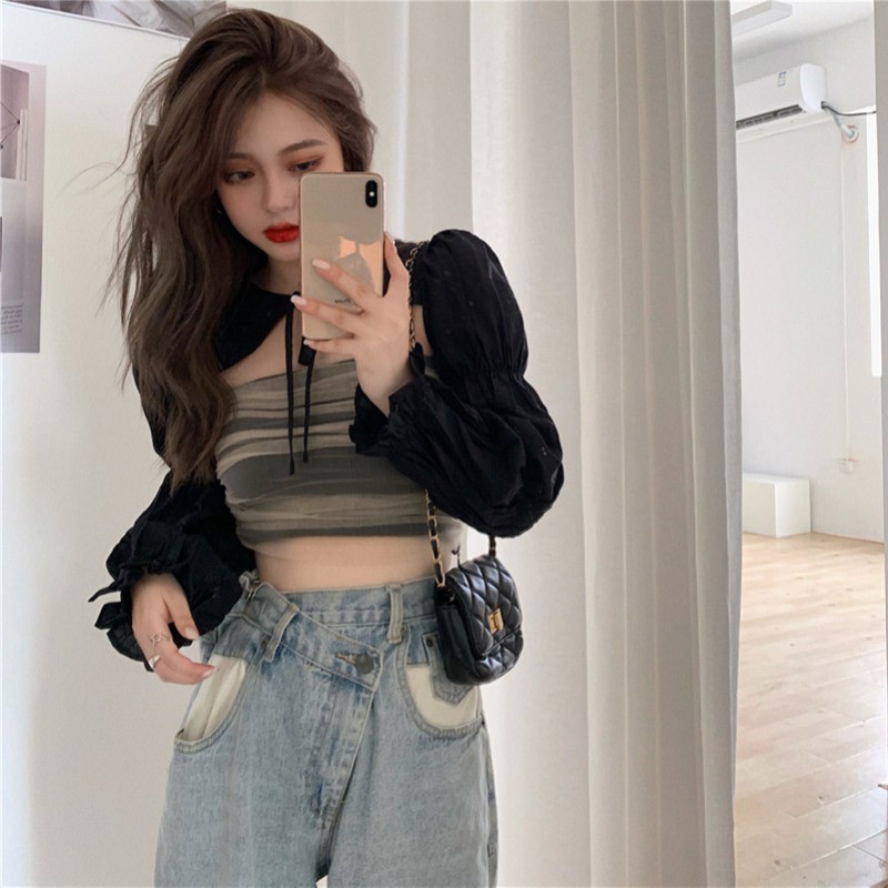 (sẵn 1 m) áo (có tách) áo ống croptop ôm body, áo khoác croptop dài tay tay phồng