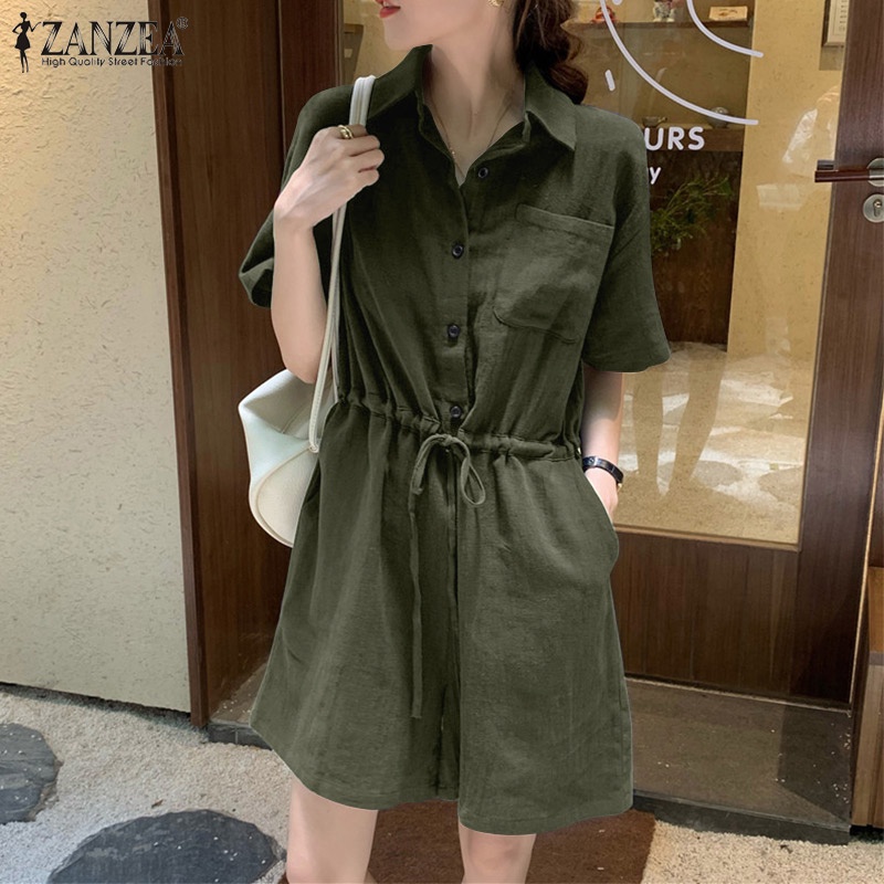 Áo liền quần ZANZEA tay ngắn dáng rộng màu trơn phối dây rút phong cách thời trang dạo phố cho nữ