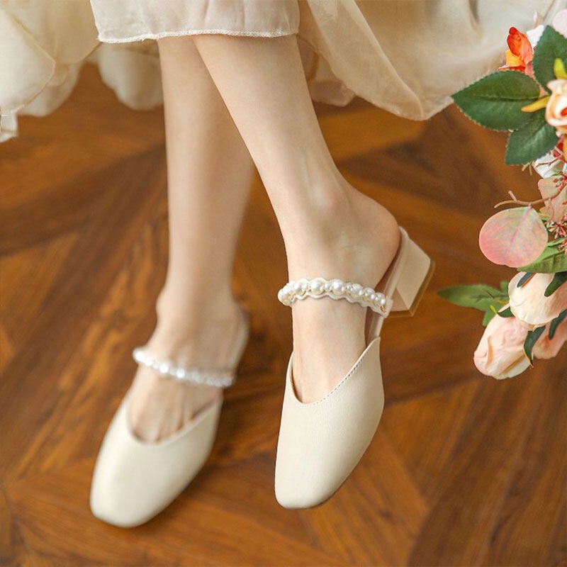 Dép sandal RENBEN mũi vuông gót dày phong cách Pháp thời trang cho nữ