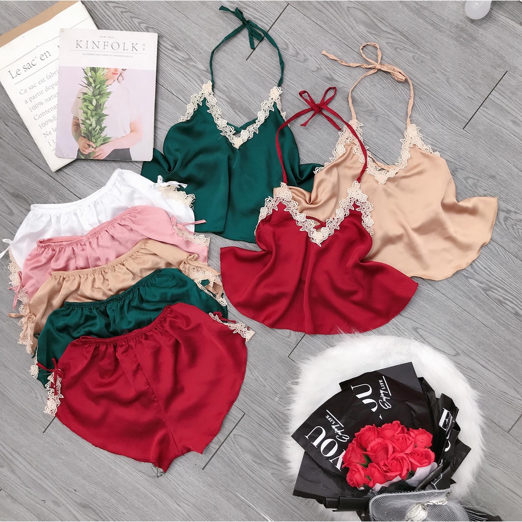 Set yếm ren hoa cho nữ mặc ngủ, áo phối ren siêu xinh, quần xẻ phối ren hai bên siêu gợi cảm