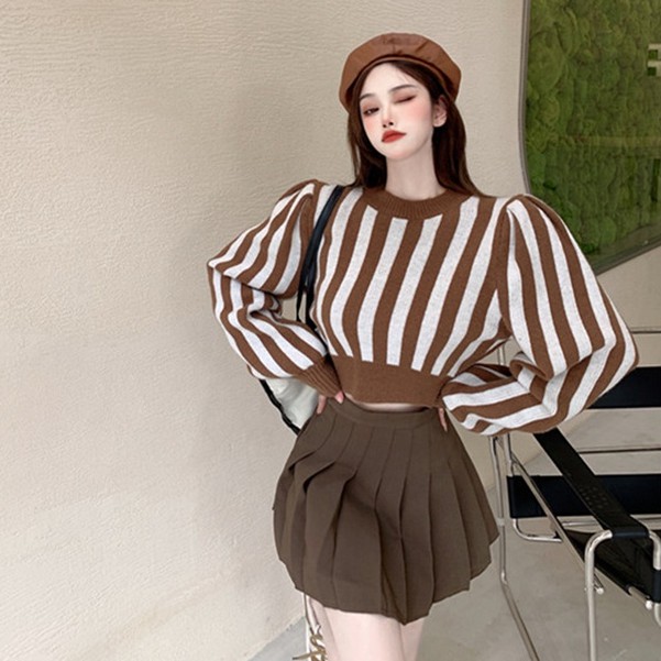 QADCOL Áo sweater dệt kim tay dài phồng họa tiết kẻ sọc nhiều màu sắc thời trang cho nữ