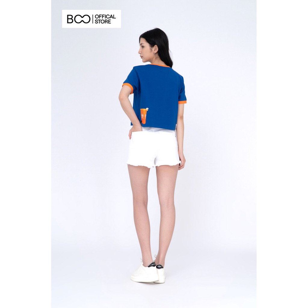 Áo Croptop Nữ BOO Form Rộng 100% Cotton Màu Xanh Coban Hottrends In Hình Bỏ EX Phối Viền Tay Cam