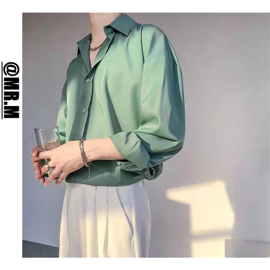 Áo Sơ Mi Nam tay dài Áo Sơ Mi Lụa Tay Dài Màu Trơn Phong Cách Retro Hàn Quốc Dành Cho Nam
