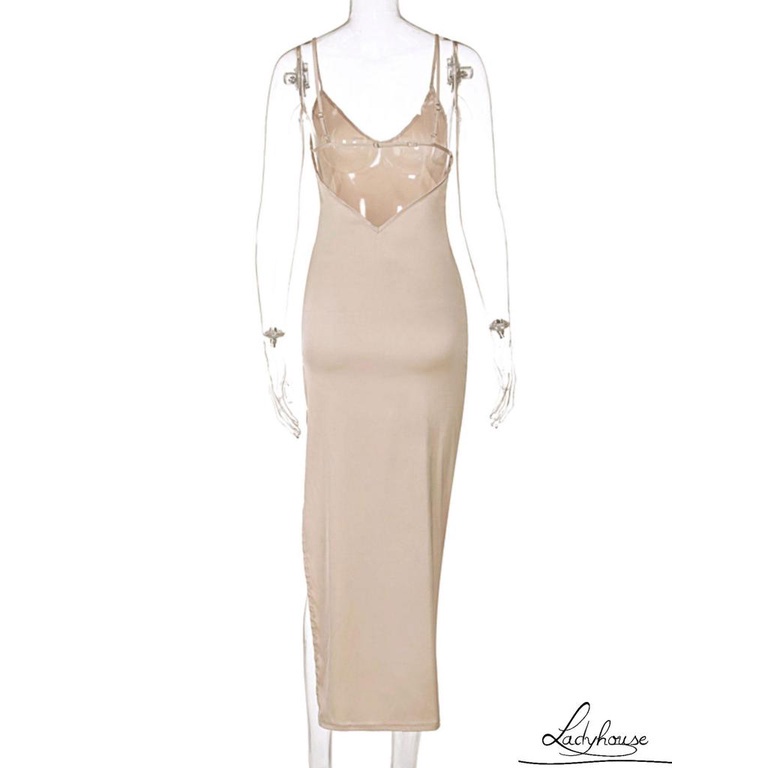 Đầm hai dây dáng dài cổ chữ V khoét sâu thiết kế xẻ tà màu đen/ mơ trơn quyến rũ thời trang dành cho nữ