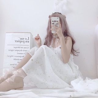 [Hàng oder] Set váy trắng hai dây đính sao