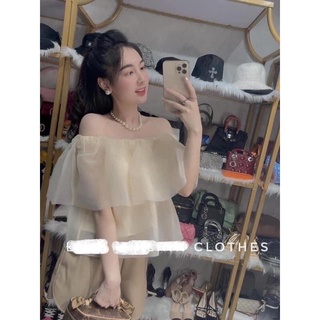 Set áo bẹt vai organza cao cấp - quần dài ống loe thời thượng
