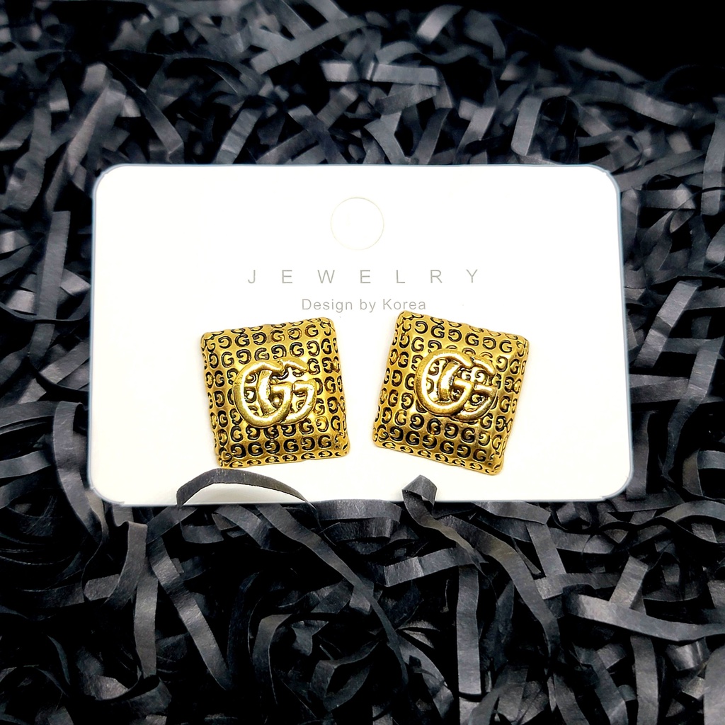 Khuyên tai nữ thương hiệu GG mạ vàng khối vuông khắc chữ G sang trọng TB485