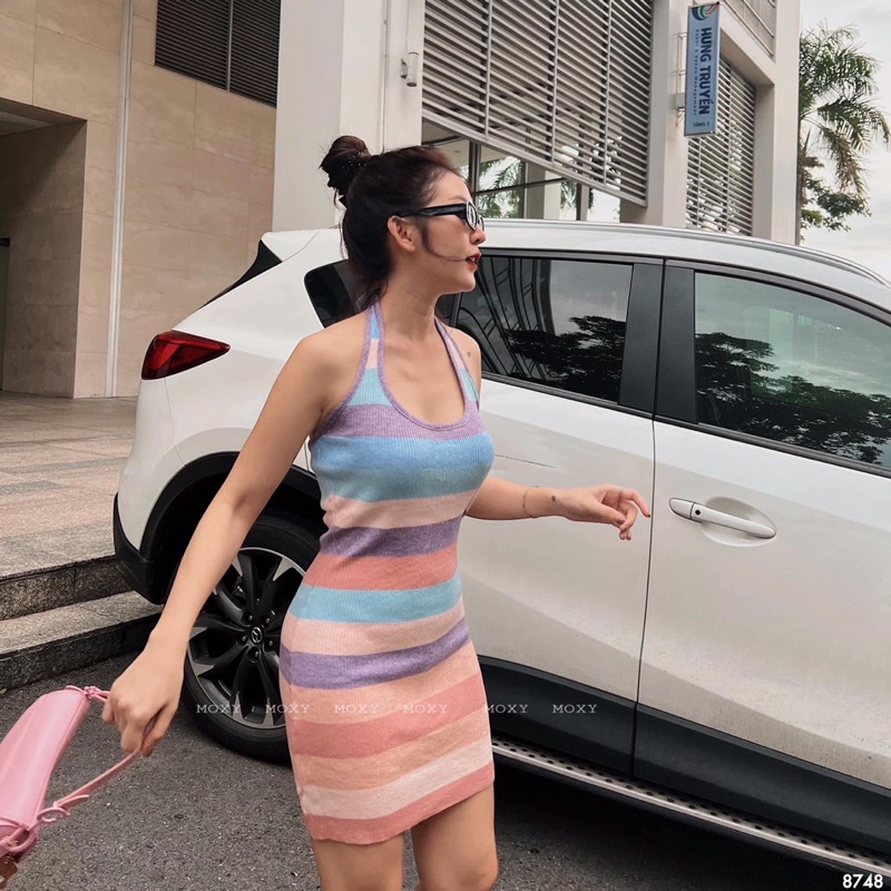 (new-hình thật) Đầm body len cổ yếm mì sắc ngọt ngào sexy
