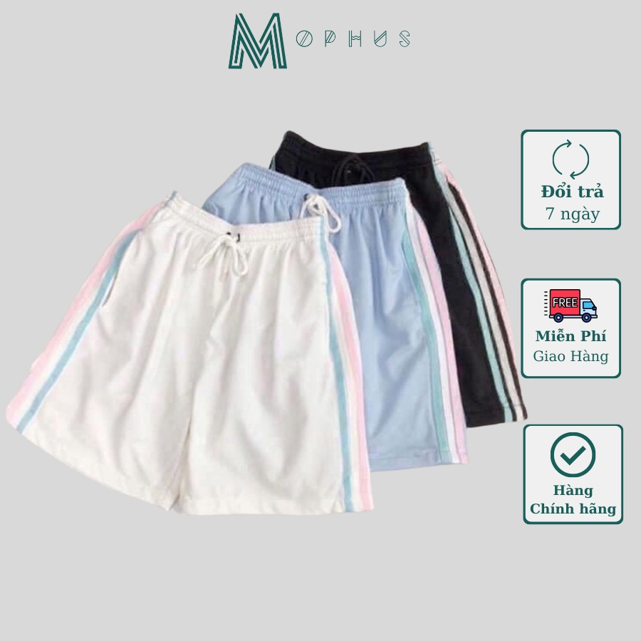Quần short đùi 3 sọc rainbow Mophus shorts ống rộng cạp chun trơn màu đen, trắng, xanh