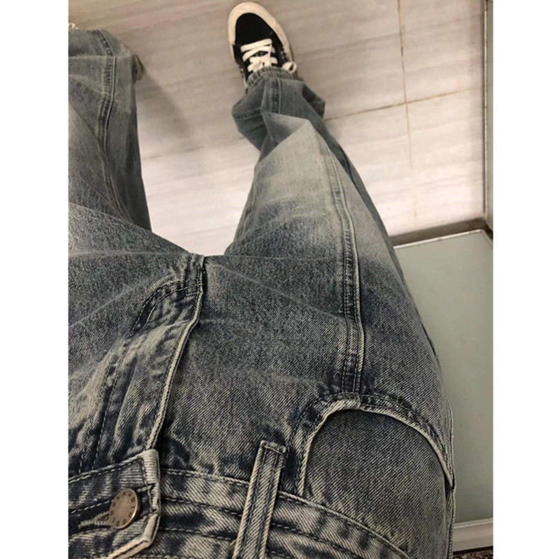 Quần jeans eo cao ống đứng thiết kế túi hai đường may phong cách retro Mỹ cho nữ