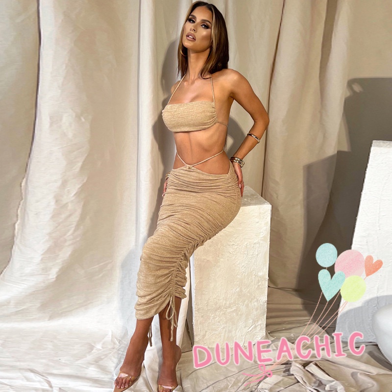 Set Áo Tank Top 2 Dây + Chân Váy Rút Màu Trơn Gợi Cảm Cho Nữ