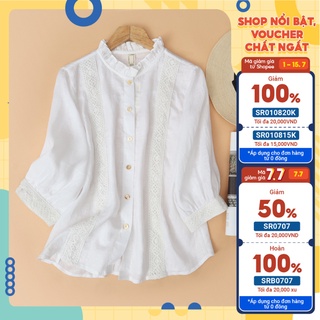 Áo linen tưng cổ bèo phối ren KACHISA màu trắng