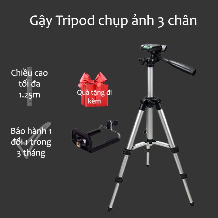 Gậy Tripod chụp ảnh 3 chân cao 1m2 l Gậy Tripod chụp ảnh 3110 tự đứng khung nhôm, chân cao su chống trơn trượt