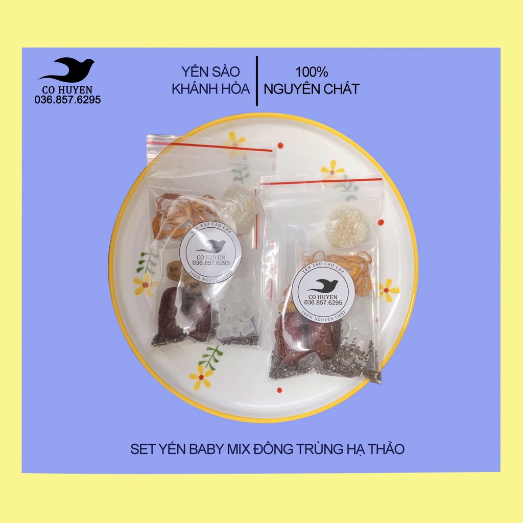 Tổ yến sào,set yến baby sợi mix vị ĐÔNG TRÙNG HẠ THẢO,táo đỏ, long nhãn, hạt chia, đường phèn,yến nguyên chất Khánh Hòa