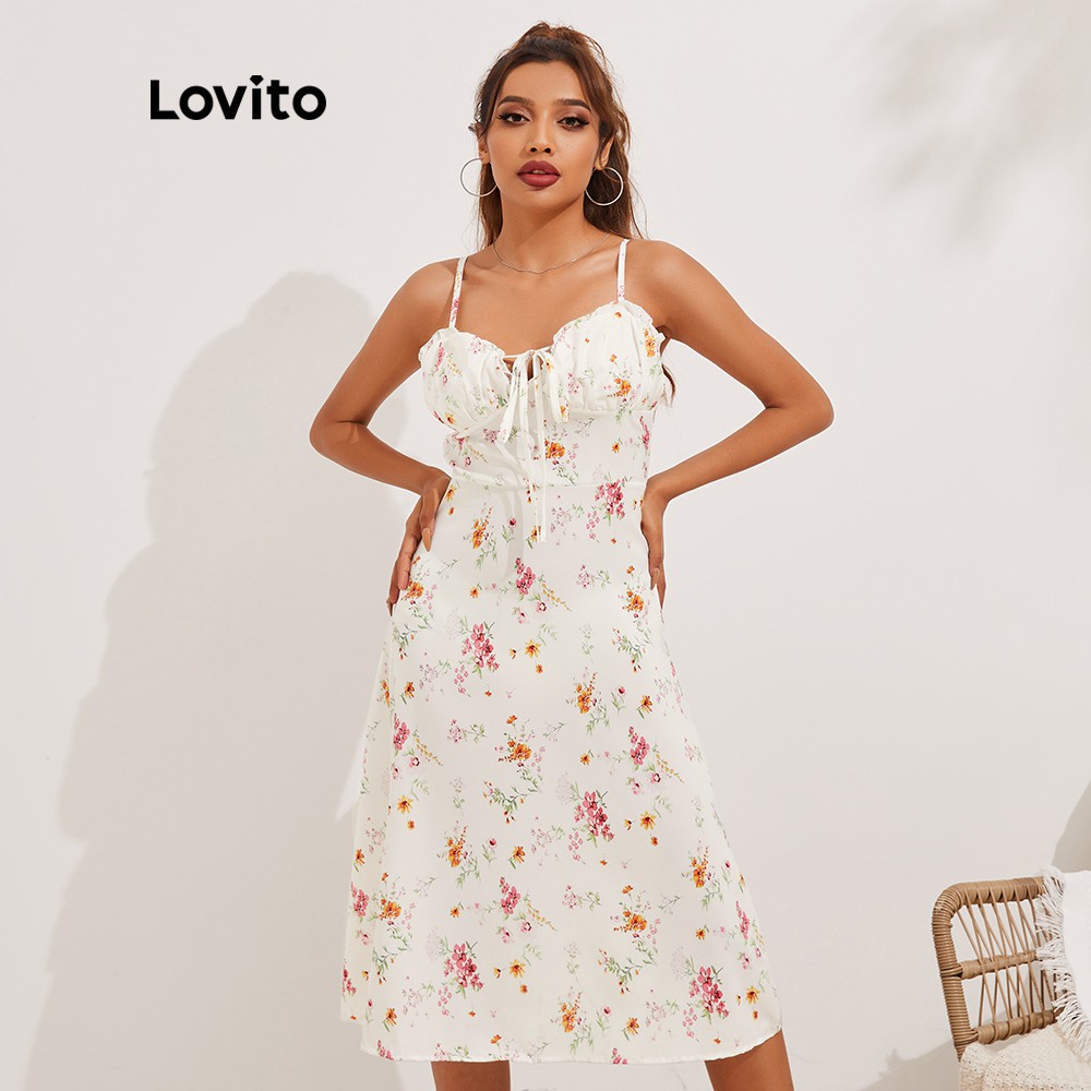 Đầm Lovito phong cách boho in hoa viền nhún bèo phối dây L13X011 (Màu trắng)