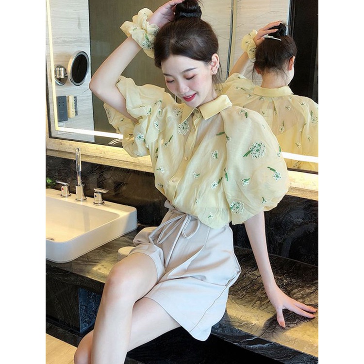 Áo Sơ Mi Voan H4477 FF Màu Nude Họa Tiết Thêu Ba Chiều Thời Trang Mùa Hè 2022 Dành Cho Nữ