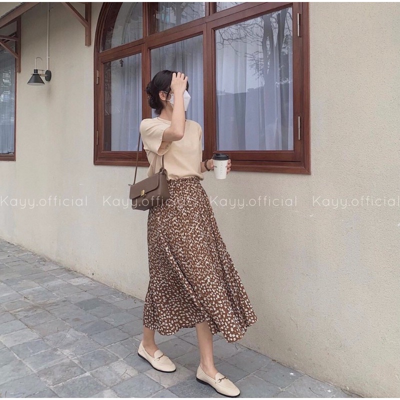 Chân váy hoa nhí dập li nhỏ có lót trong - Chân váy dài xoè chiffon hoa nhí ulzzang LUMII